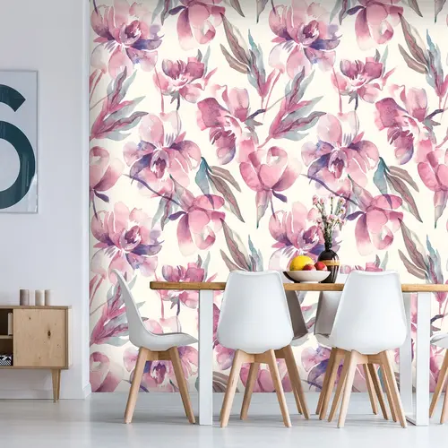 A modern dining space featuring a floral wallpaper