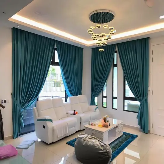 A modern living room with turquoise curtains