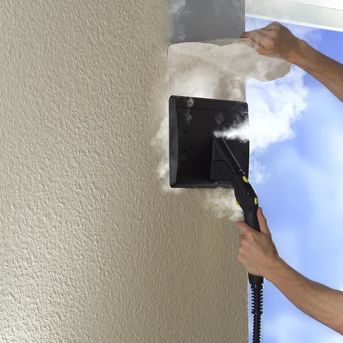 A person uses a steam cleaner on a textured wall