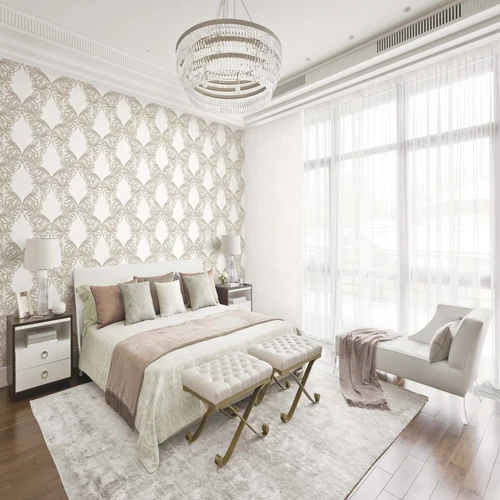 White Wall paper in a bedroom