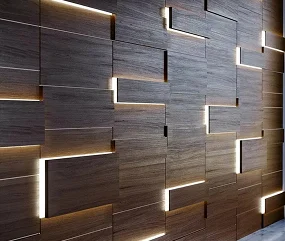 modern wooden wall featuring geometric panels